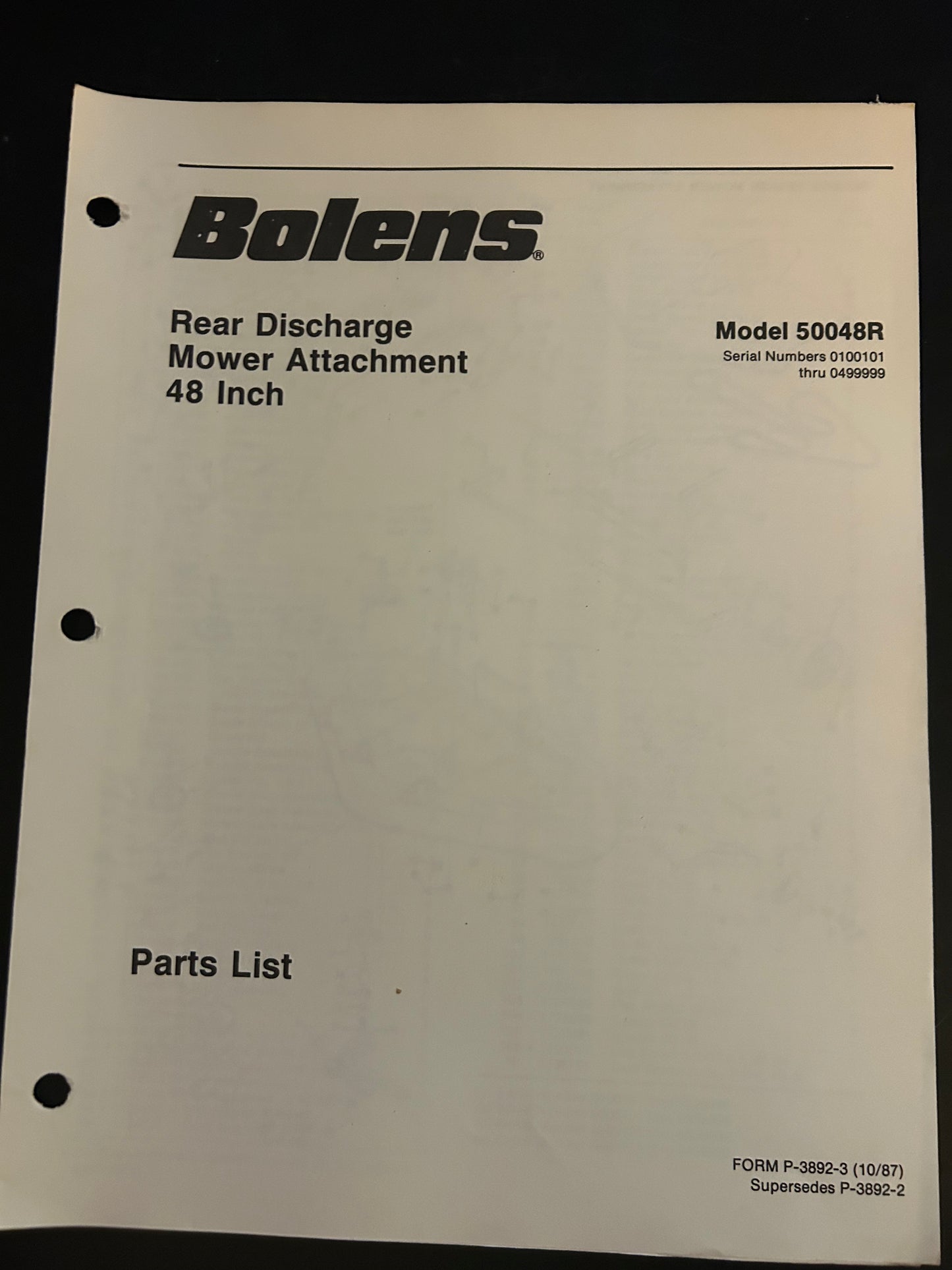 Bolens _ Rear Discharge Mower Attachment 48” model 50048R _ Parts List