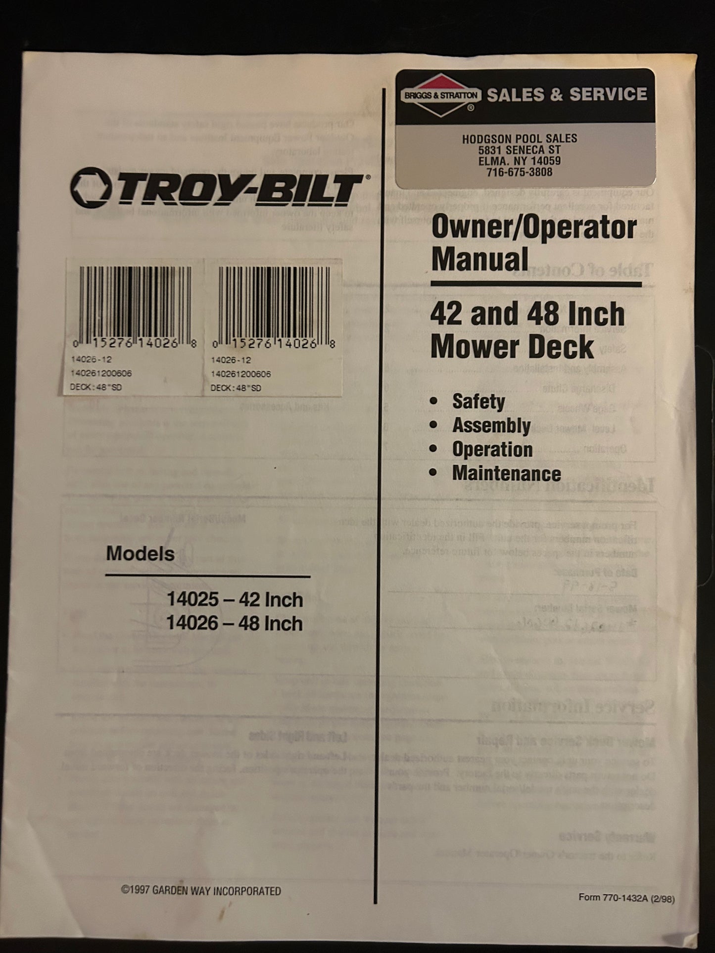Bolens / Troy-Bilt _ 42” & 48” Mower Deck model 14025 & 14026 _ Owner/Operator Manual