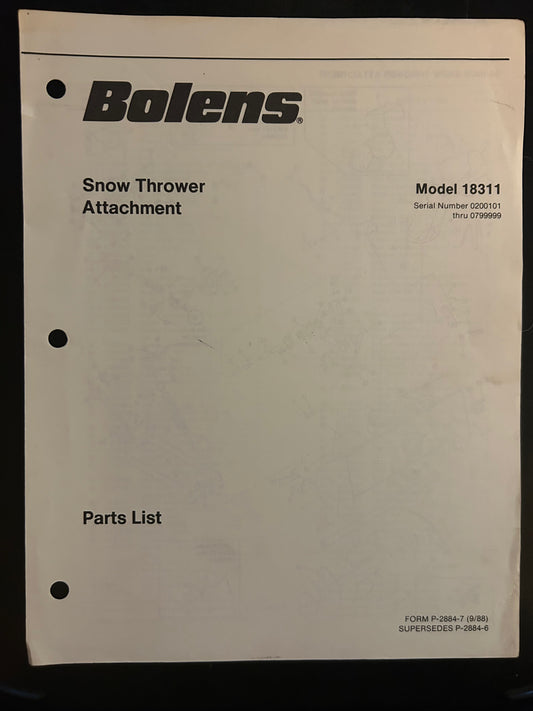 Bolens _ Snow Thrower Attachment model 18311 _ Parts List