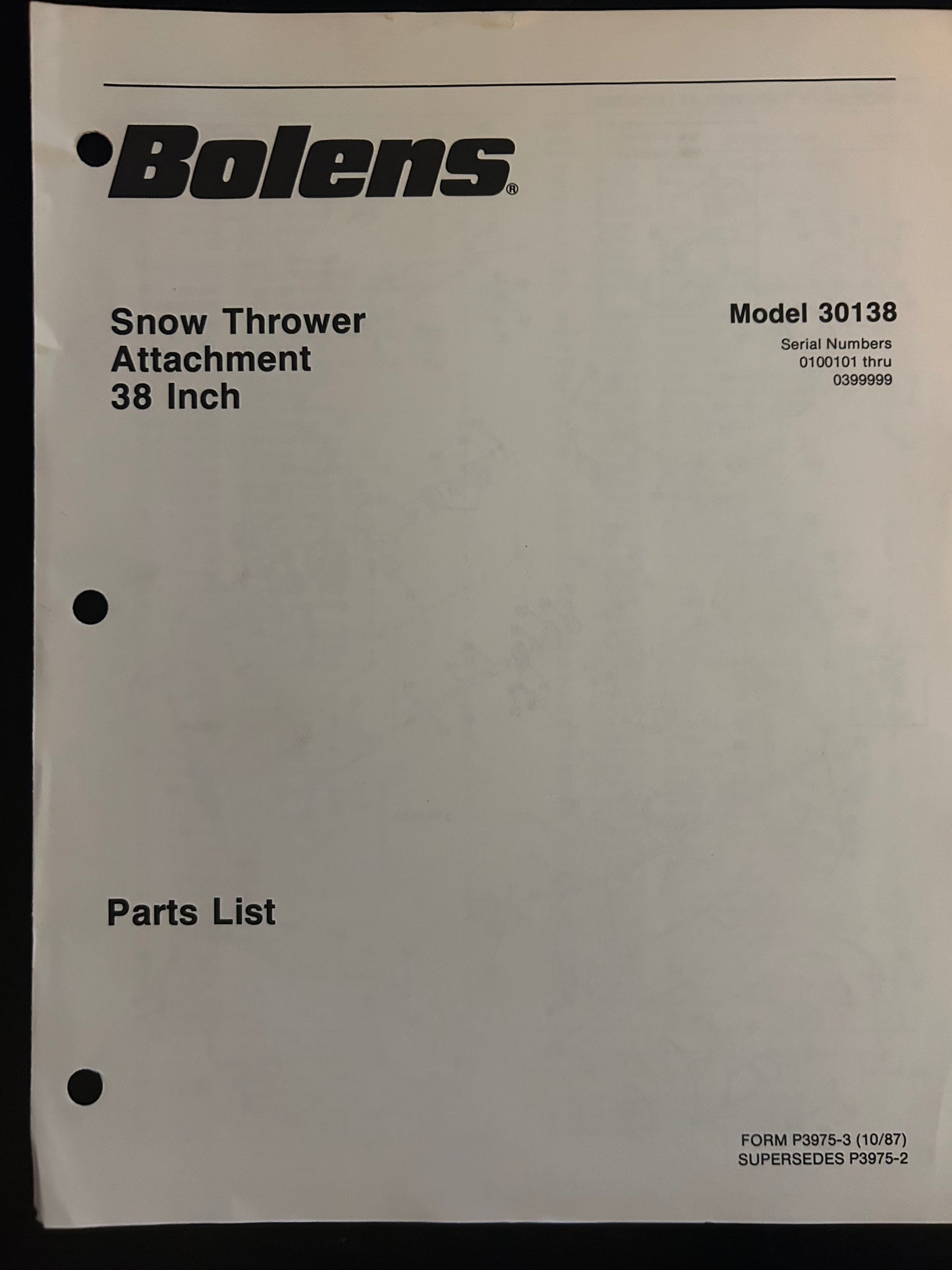 Bolens _ Snow Thrower Attachment 38” model 30138 _ Parts List