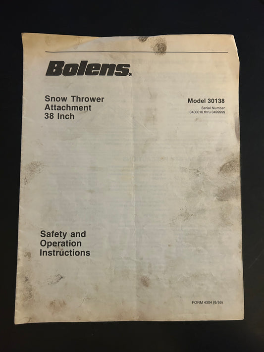 Bolens _ Snow Thrower Attachment 38” model 30138 _ Safety & Operation Instructions