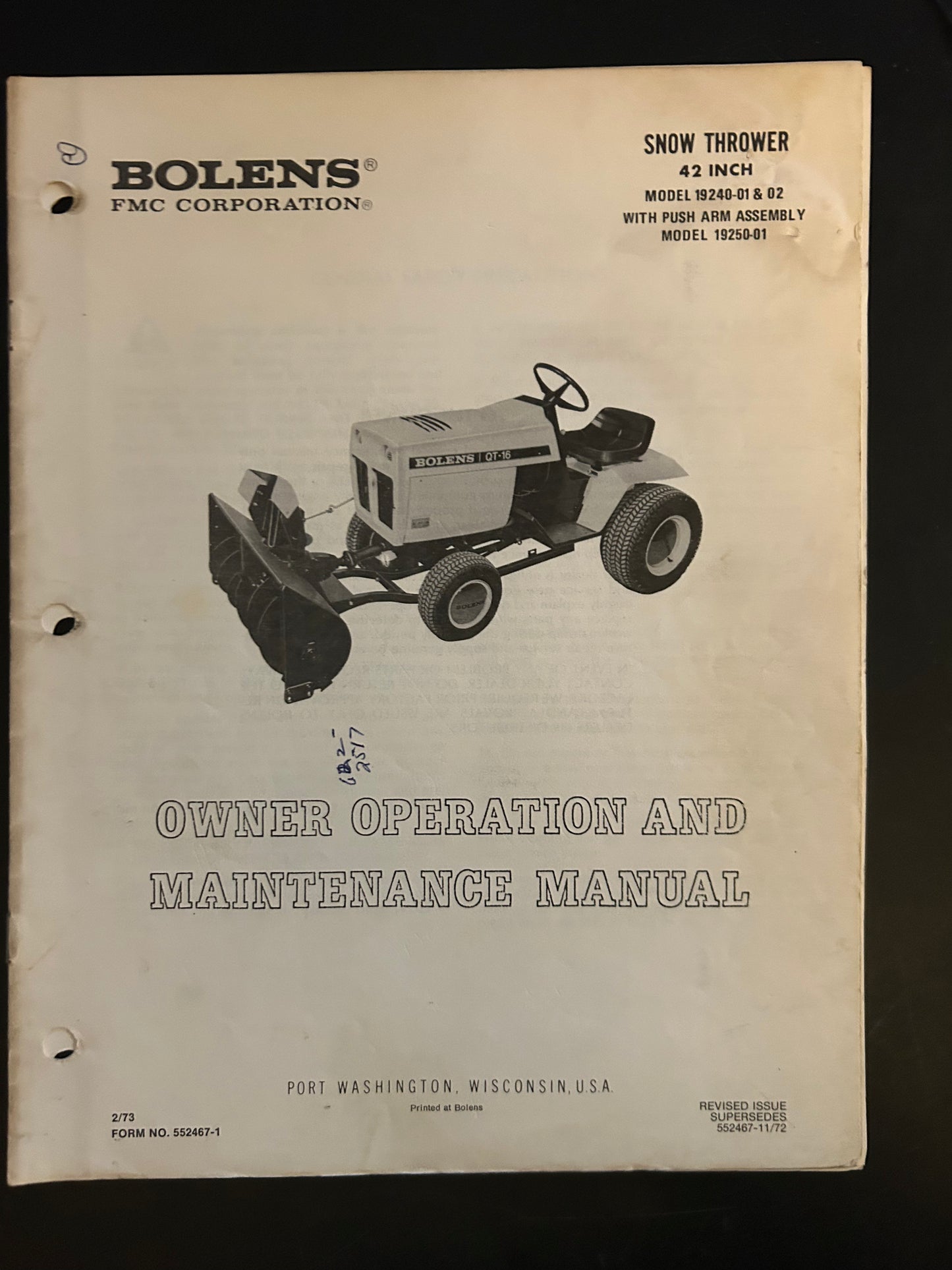 Bolens _ Snow Thrower 42” model 19240-01 & 02 _ Owner Operation & Maintenance Manual
