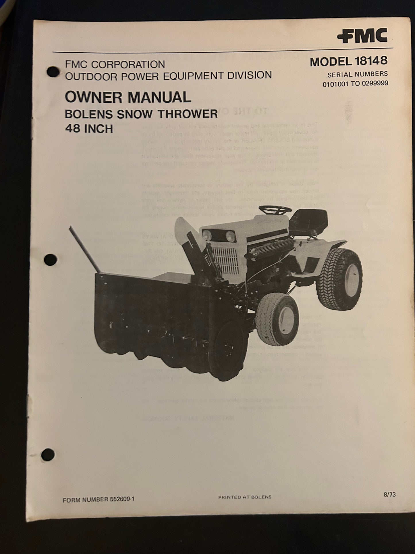 Bolens _ Snow Thrower 48” model 18148 _ Owner Manual