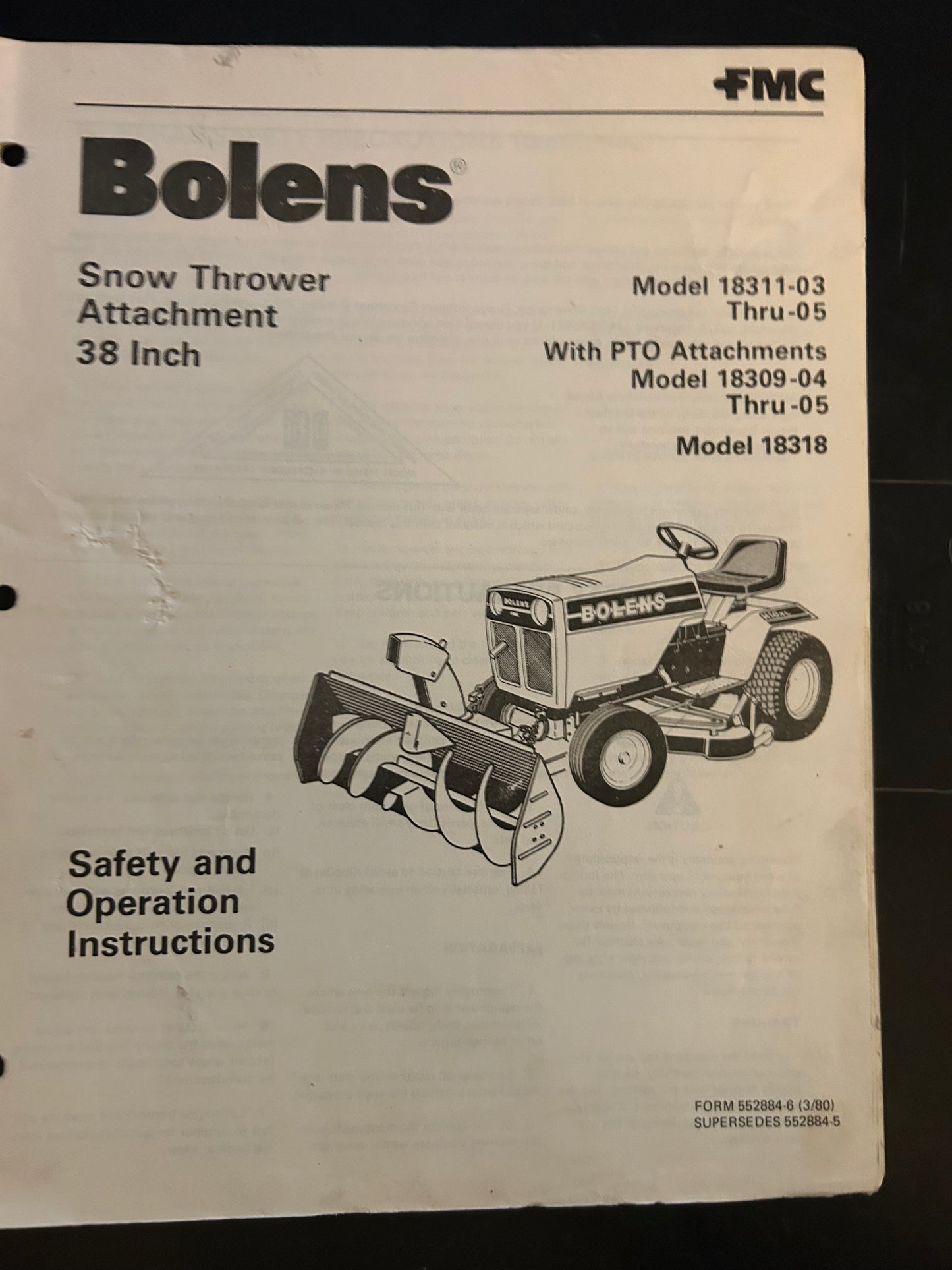 Bolens _ Snow Thrower Attachment 32” model 18311-03 thru 05 _ Safety & Operation Instructions