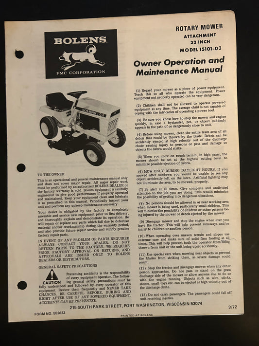 Bolens _ Rotary Mower Attachment model 15101-03 _ Owner Operation & Maintenance Manual