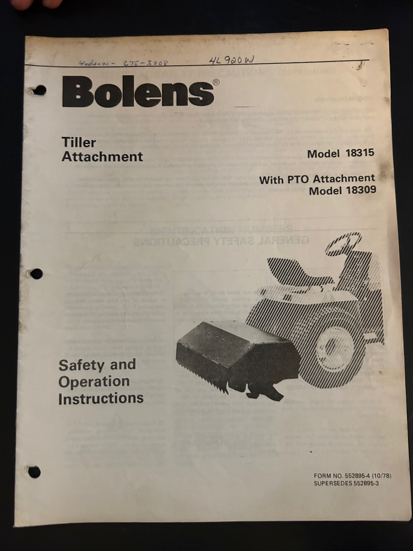 Bolens _ Tiller Attachment model 18315 _ Safety & Operation Instructions