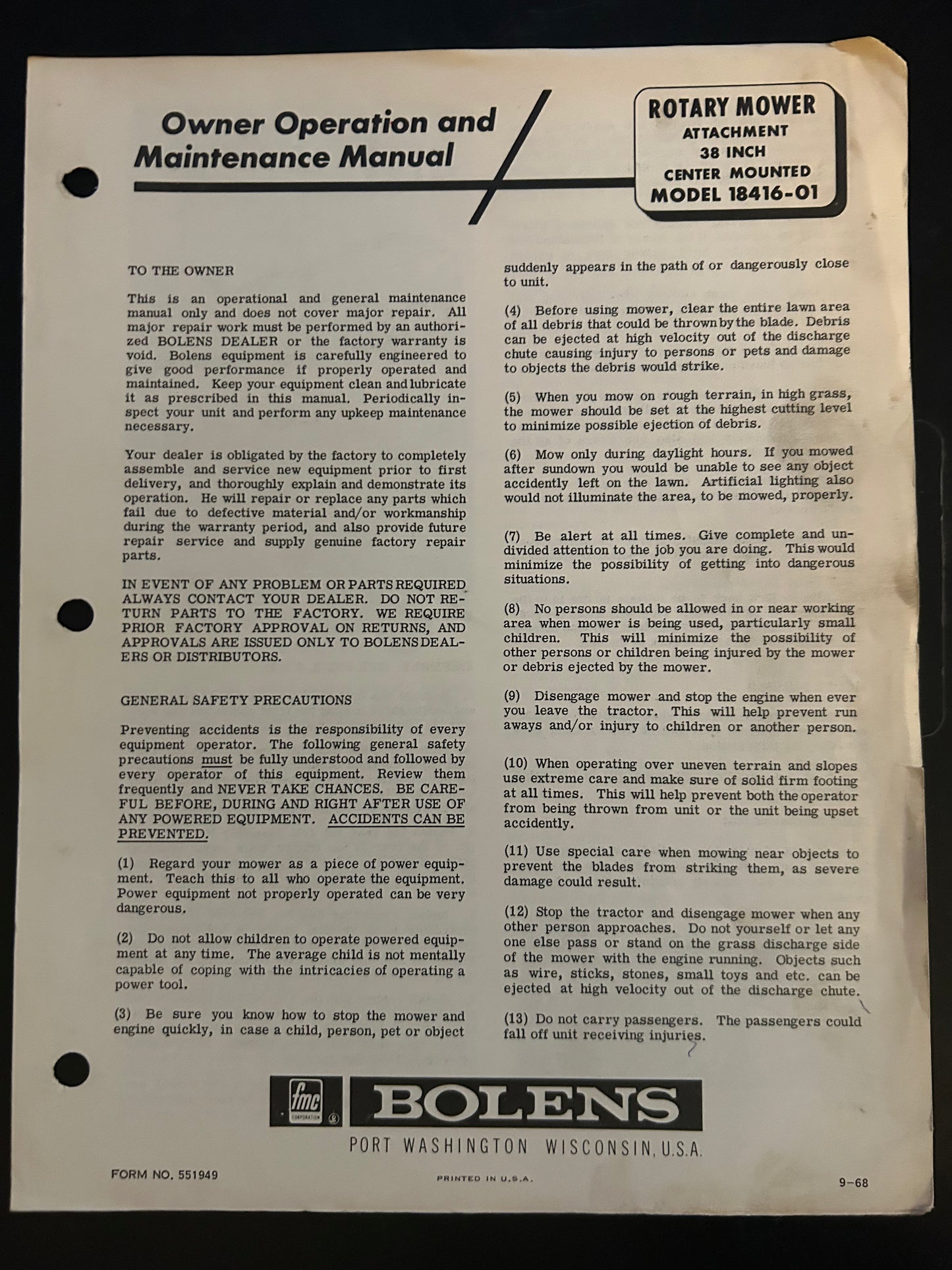 Bolens _ Rotary Mower Attachment 38” Center Mounted model 18416-01 _ Owner Operation & Maintenance Manual