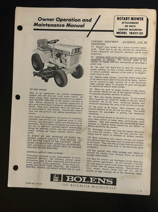 Bolens _ Rotary Mower Attachment 38” Center Mounted model 18417-01 _ Owner Operation & Maintenance Manual
