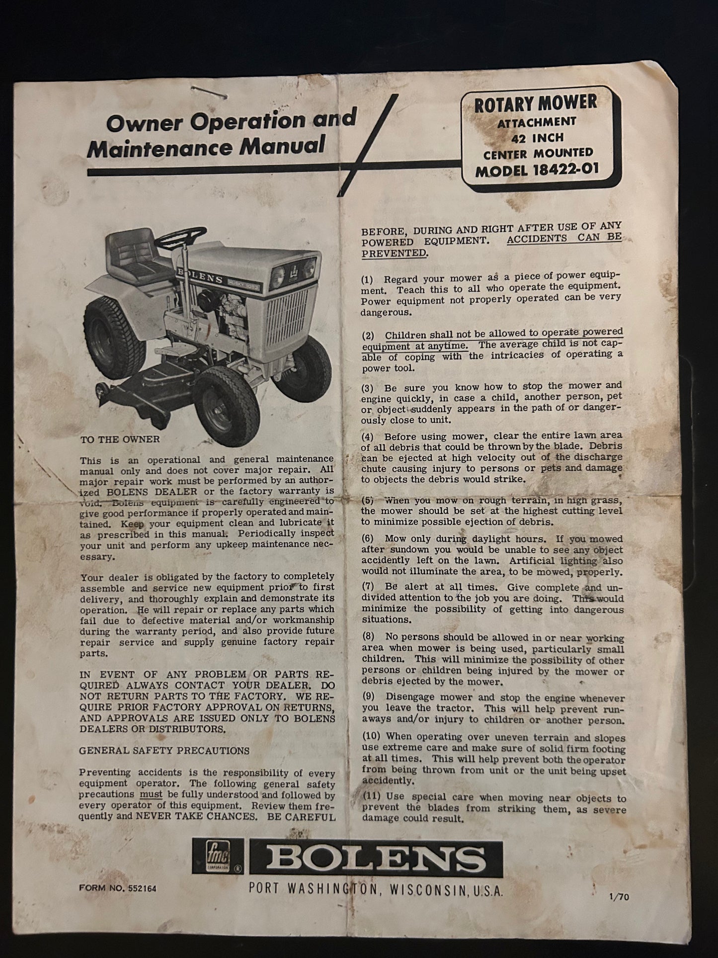 Bolens _ Rotary Mower Attachment 42” Center Mounted model 18422-01 _ Owner Operation & Maintenance Manual