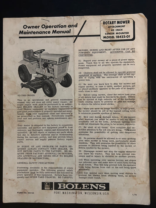 Bolens _ Rotary Mower Attachment 42” Center Mounted model 18422-01 _ Owner Operation & Maintenance Manual
