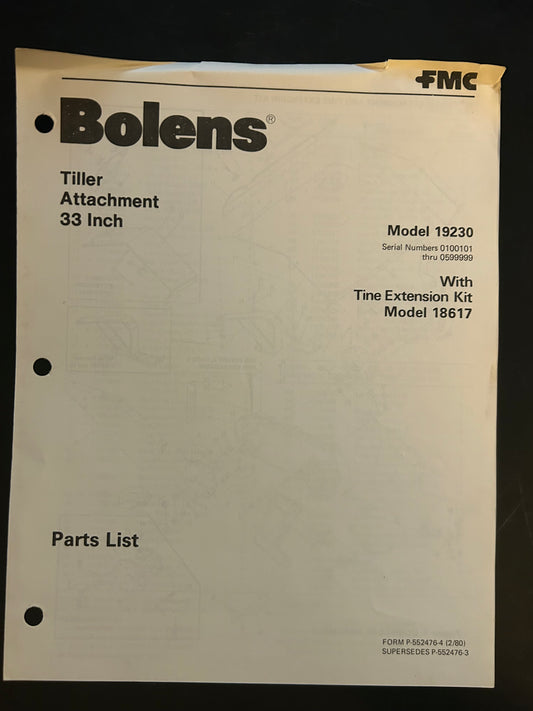 Bolens _ 33” Tiller Attachment model 19230 _ Parts List