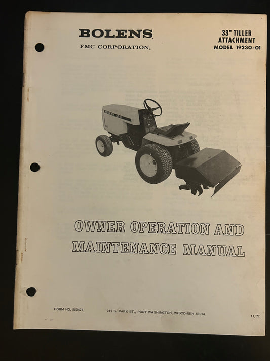 Bolens _ 33” Tiller Attachment model 19230-01 _ Owner Operation & Maintenance Manual