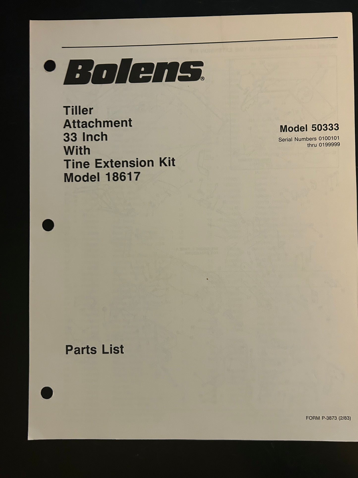 Bolens _ Rotary Attachment 33” w/ Tibe Extension Kit model 50333 _ Parts List