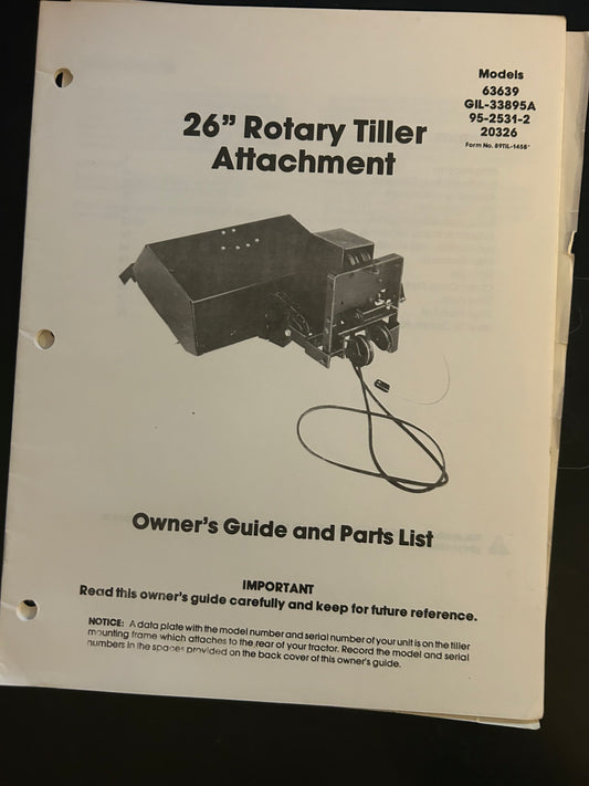 Bolens _ Rotary Tiller Attachment model 63639, GIL-33895A, 95-2531-2 & 20326 _ Owner’s Guide & Parts List