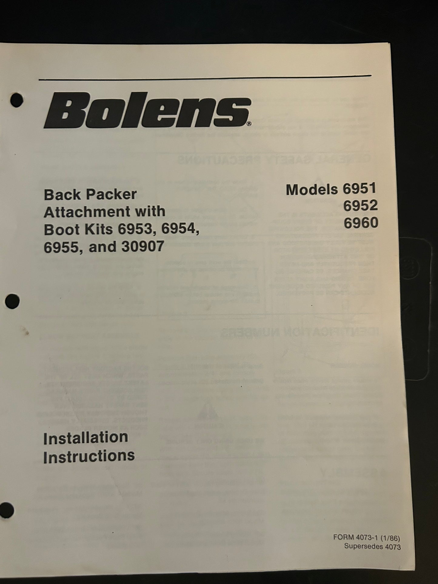 Bolens _ Back Packer Attachment w/Boot Kits model 6951, 6952 & 6960 _ Installation Instructions