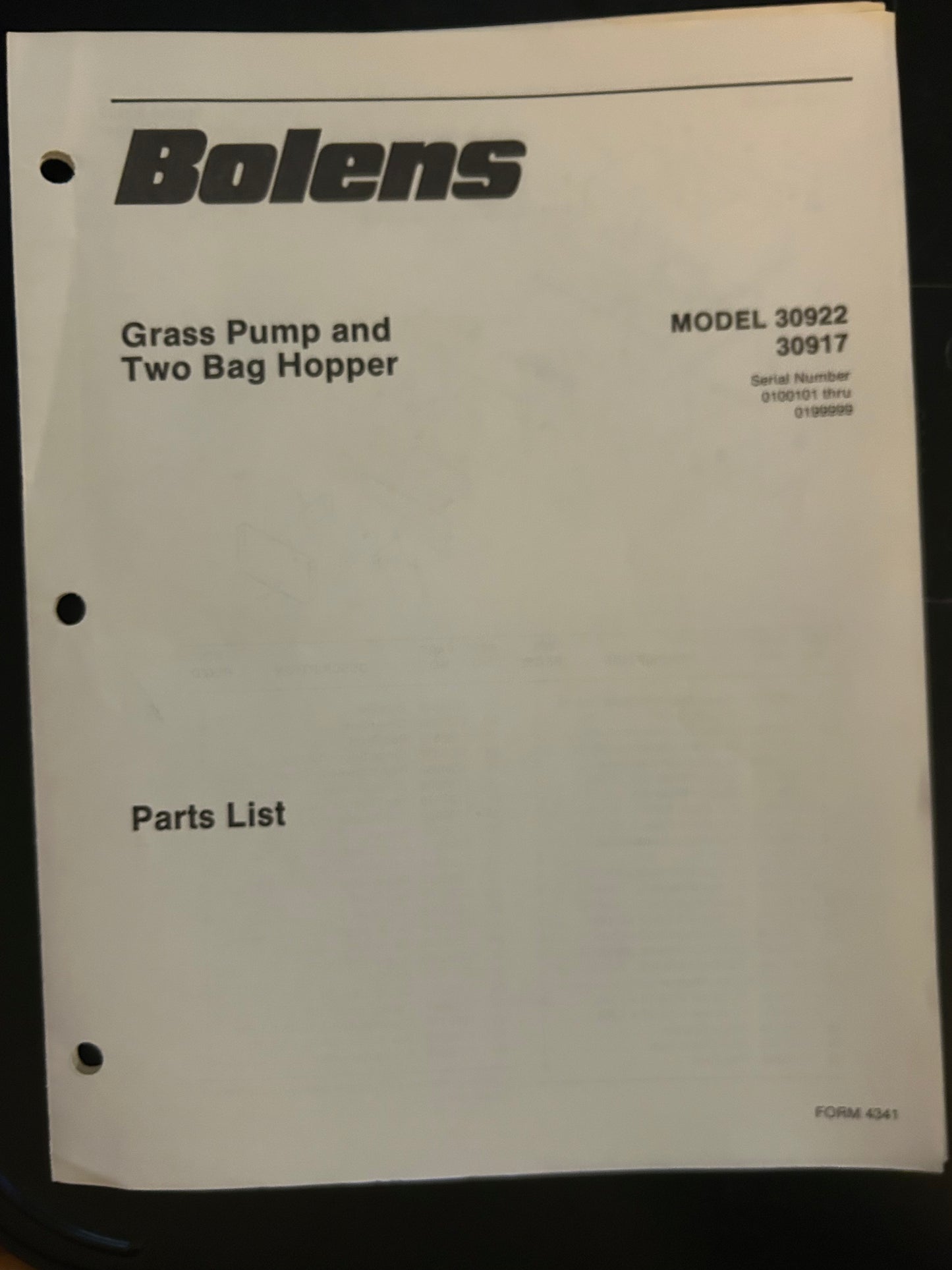 Bolens _ Grass Pump & Two-Bag Hopper model 30922 & 30917 _ Parts List