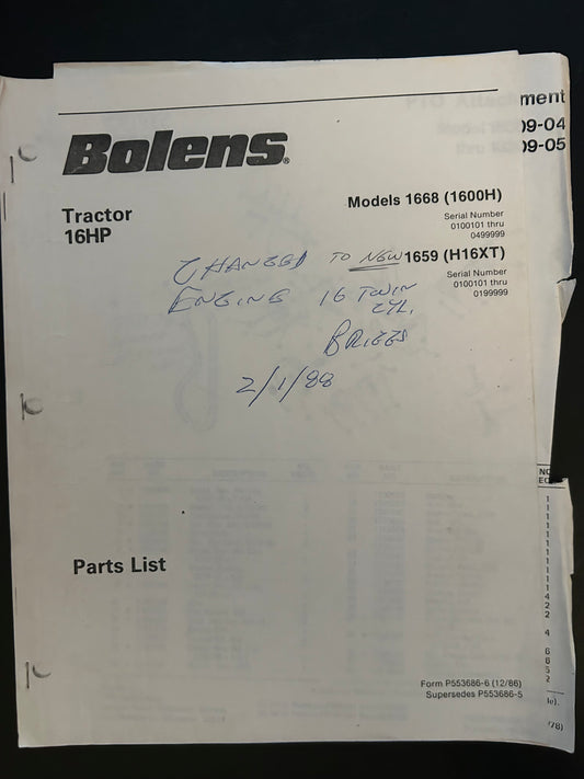 Bolens _ Tractor 16 HP model 1668 & 1659 _ Parts List