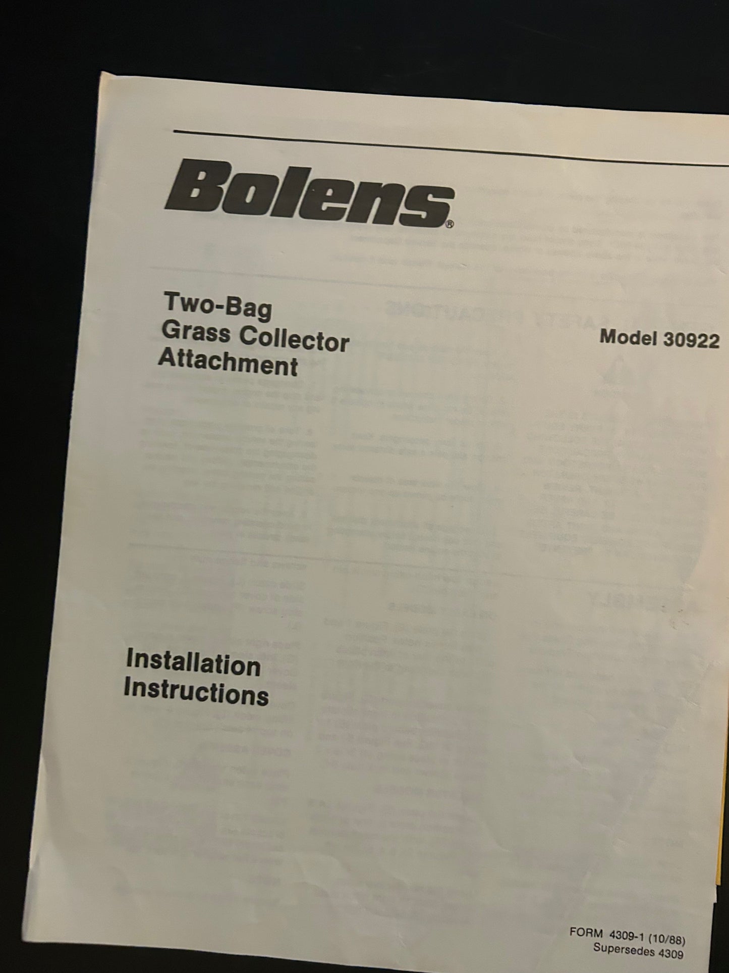Bolens _ Two-Bag Grass Collector Attachment model 30922 _ Installation Instructions