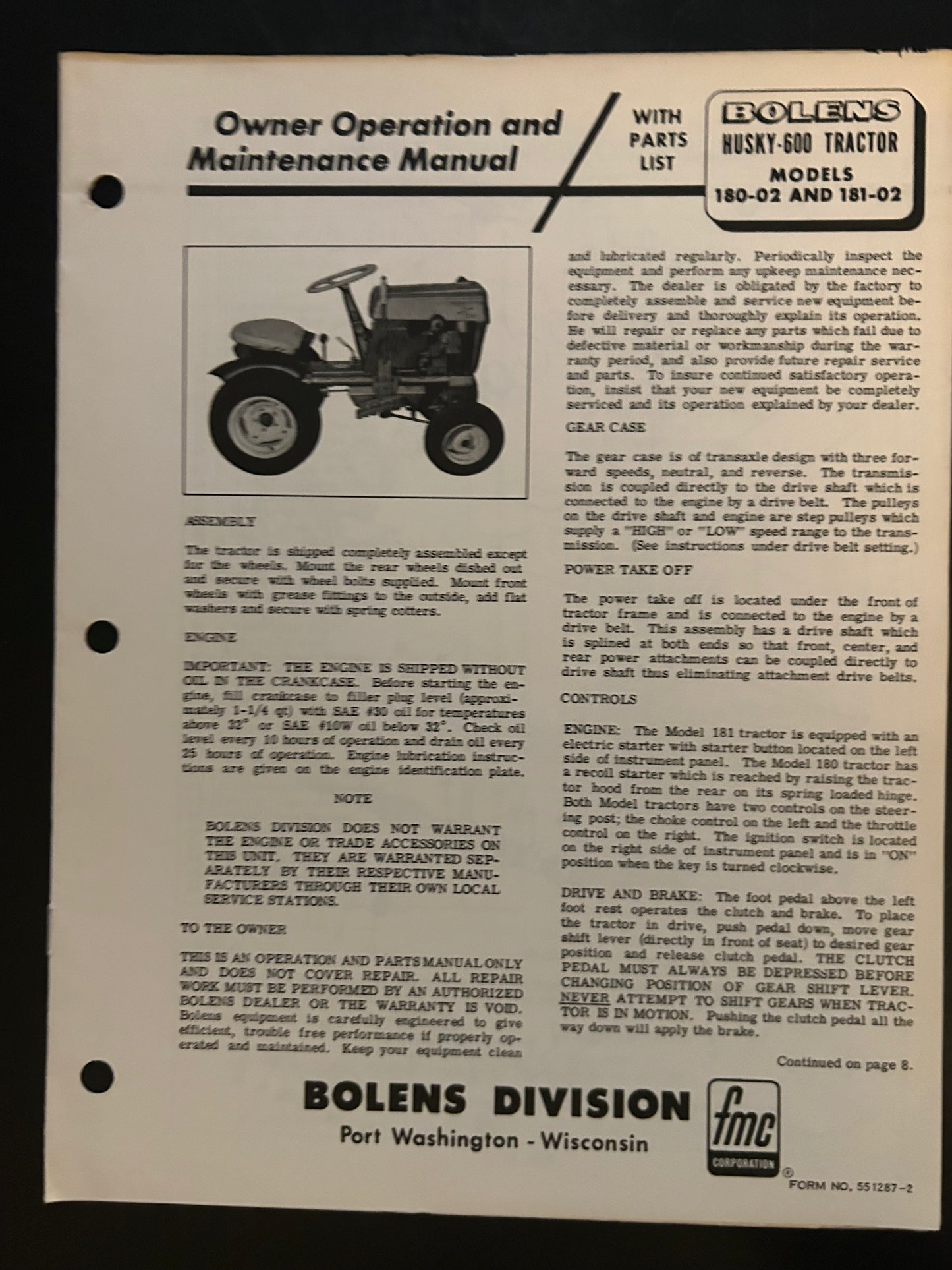 Bolens _ Husky 600 Tractor models 180-02 & 181-02 _ Owner Operation & Maintenance Manual