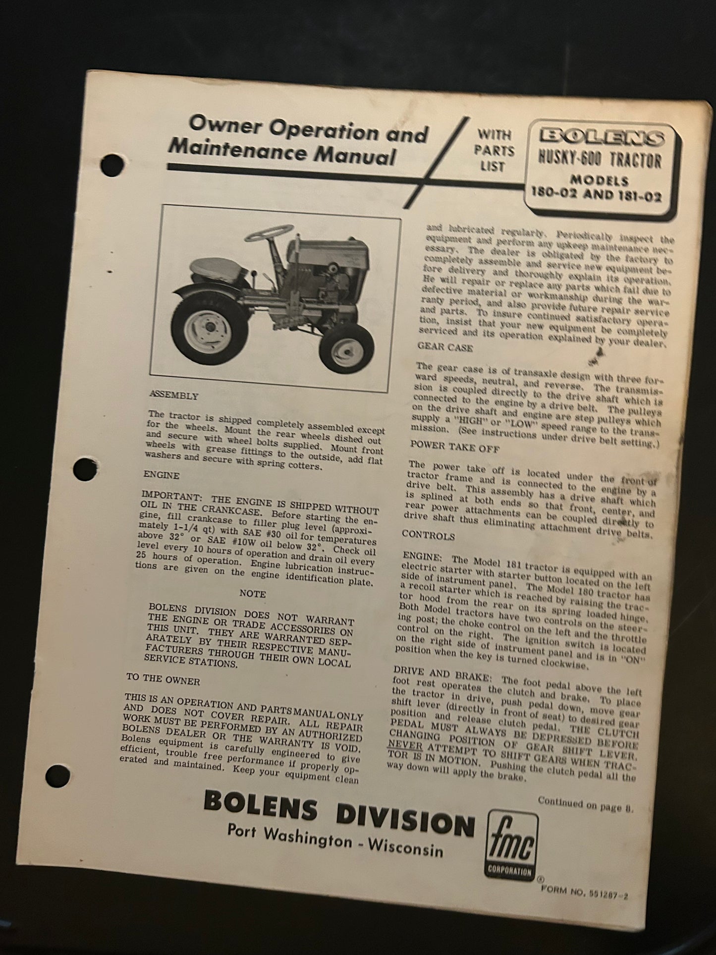 Bolens _ Husky 600 Tractor models 180-02 & 181-02 _ Owner Operation & Maintenance Manual