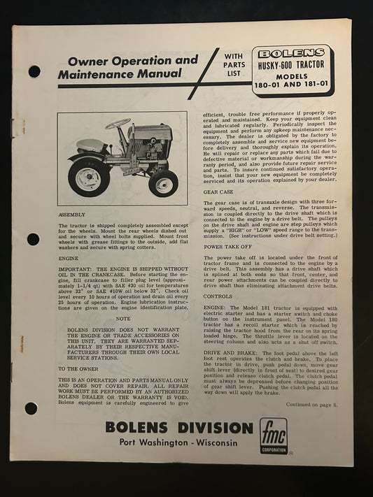 Bolens _ Husky 600 Tractor models 180-01 & 181-01 _ Owner Operation & Maintenance Manual