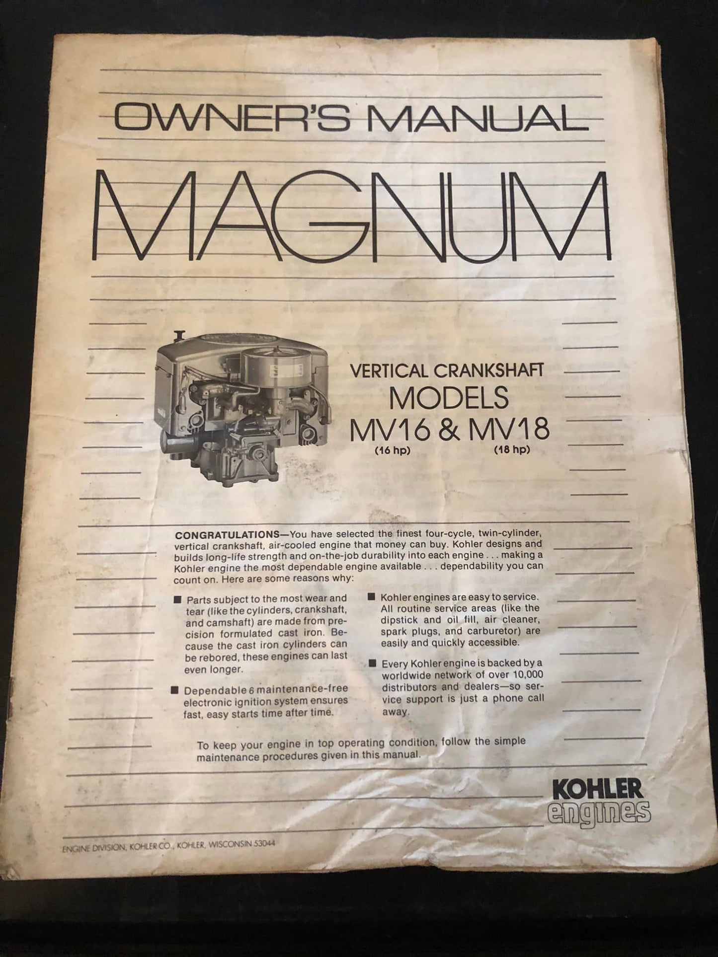 Kohler Engines Magnum Vertical Crankshaft models MV16 & MV18 Owner’s Manual