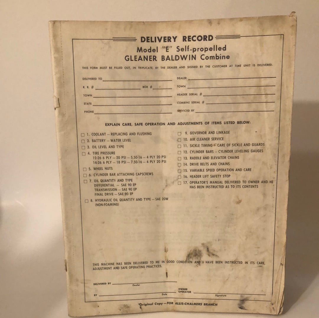 Allis-Chalmers Model E Self-propelled Gleaner Baldwin Combine _ Operators Instructions