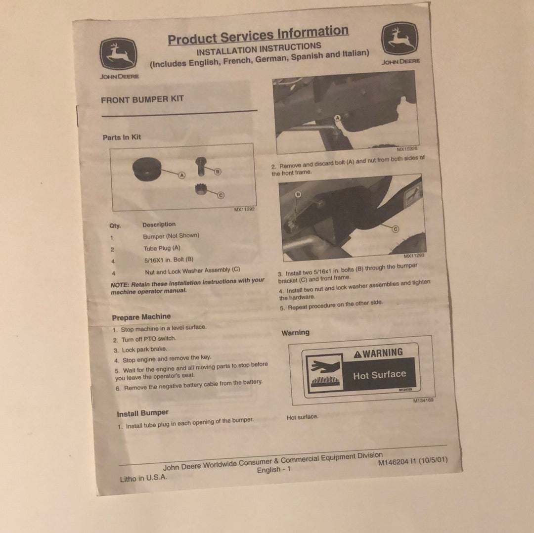 John Deere Front Bumper Kit _ Product Services Information