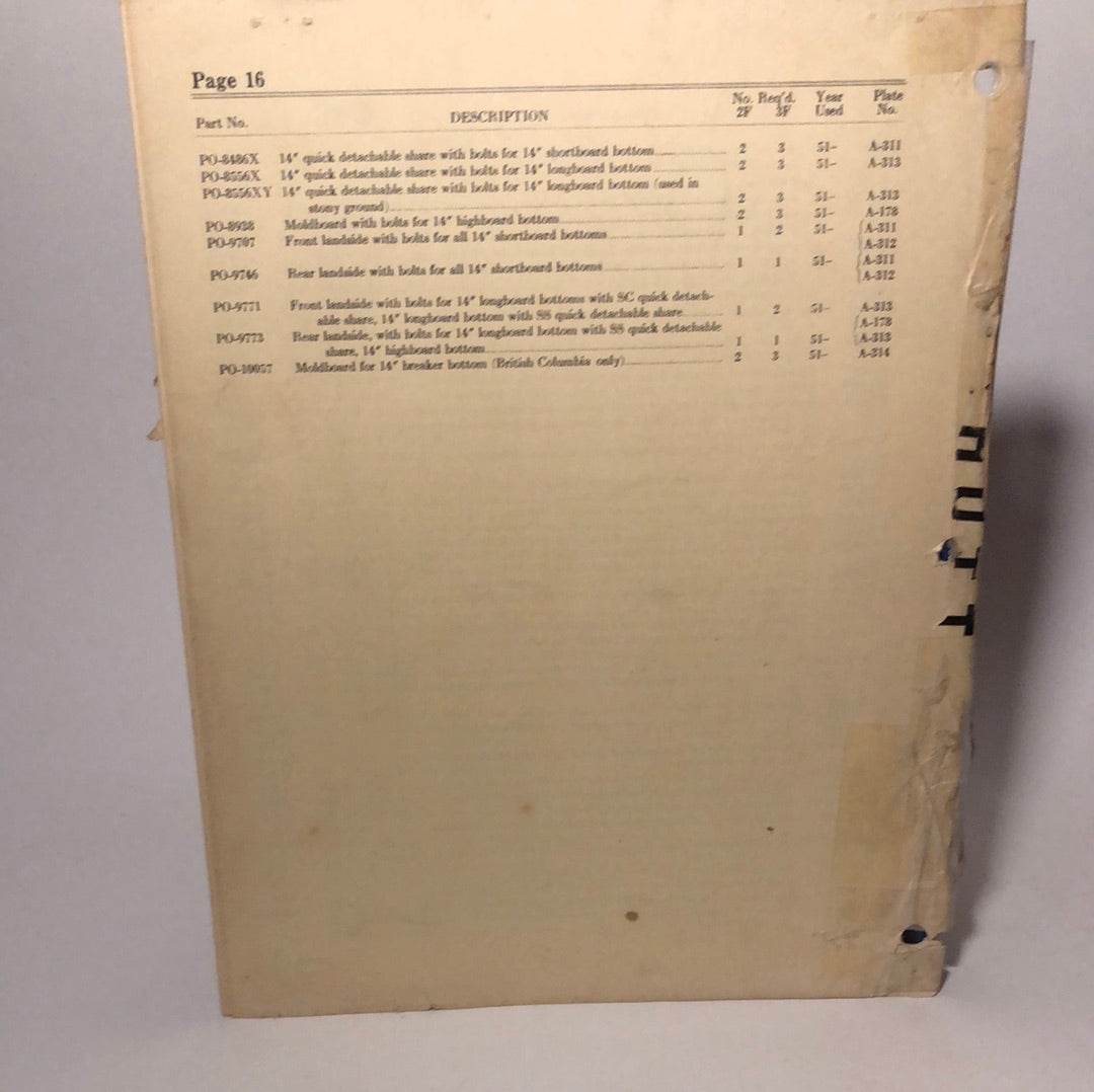 Cockshutt Parts List 122 Tractor Plow