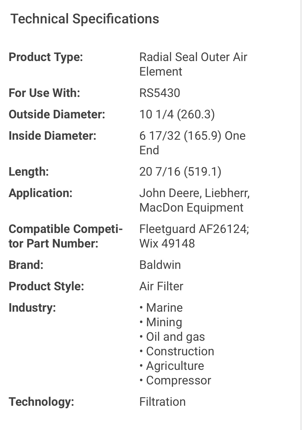 Baldwin Filters RS5429 Outer Air Filter,Radial