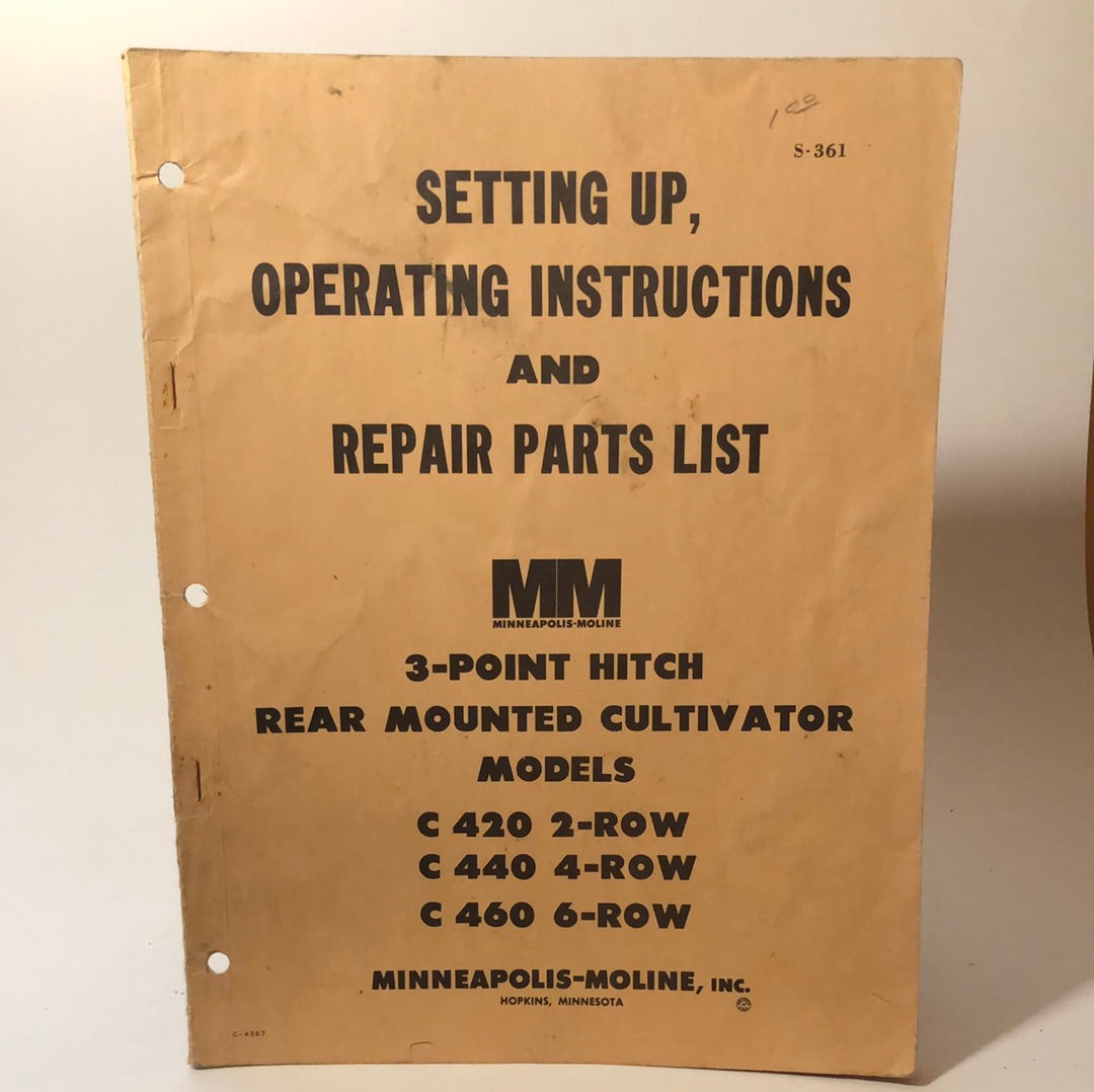 Minneapolis Moline - 3 Point Hitch Rear Mounted Cultivator - Setting Up, Operating Instructions & Repair Parts List