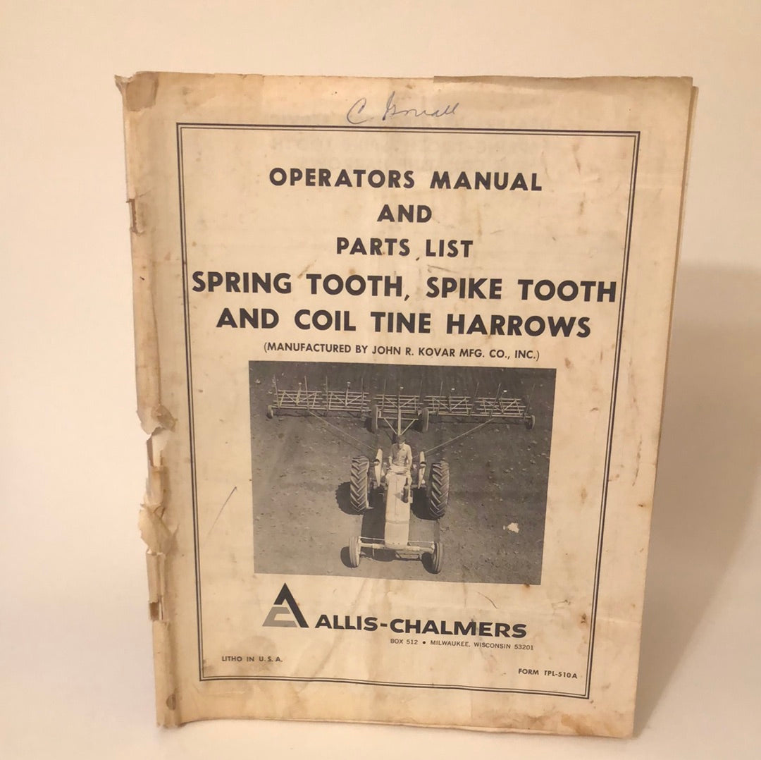 Allis-Chalmers Model KT Disc Harrows  _ Operators Manual & Parts List