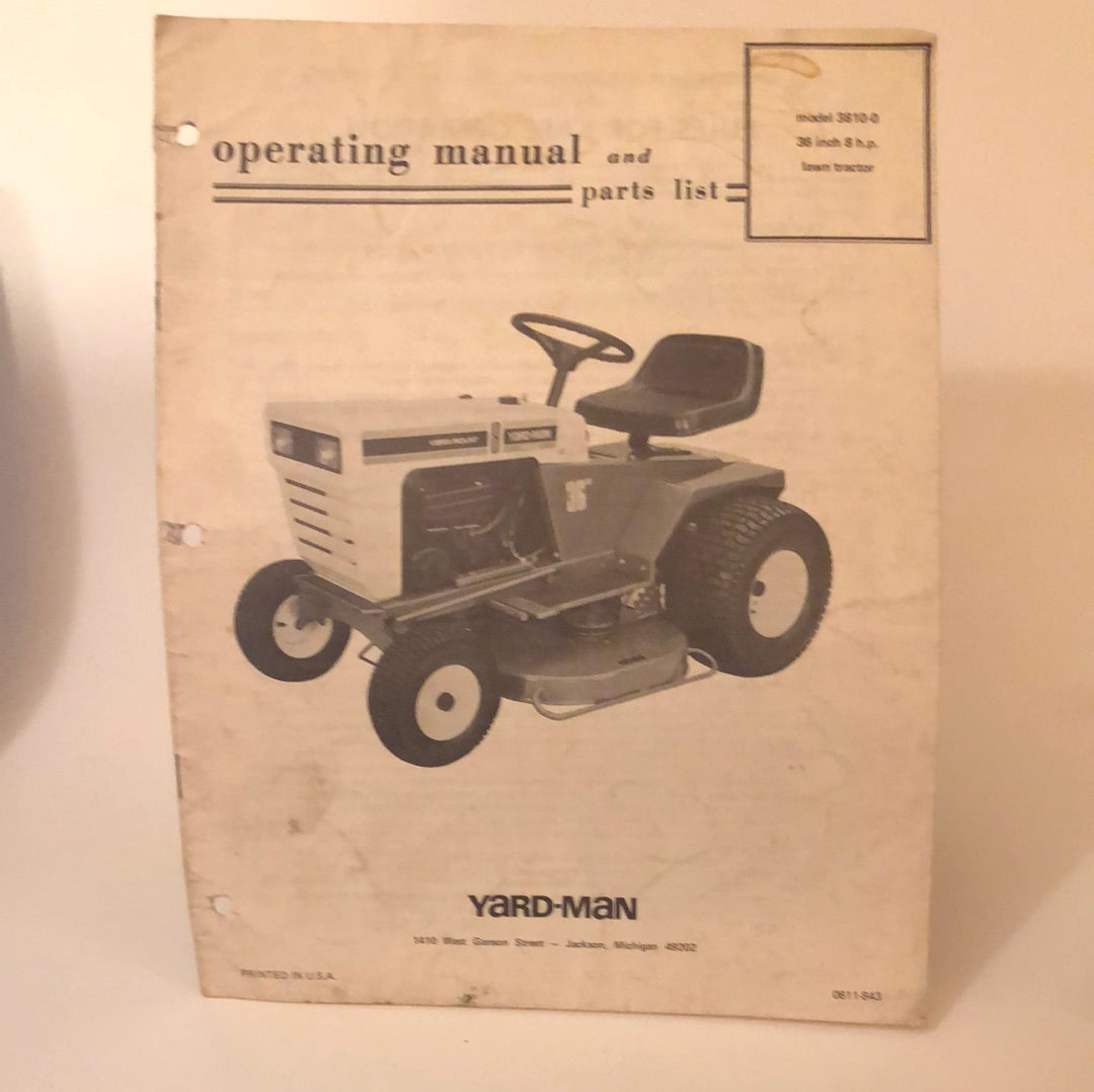 Yard-Man Model 3810-0 36 inch 8hp lawn tractor - Operating Manual & Parts list