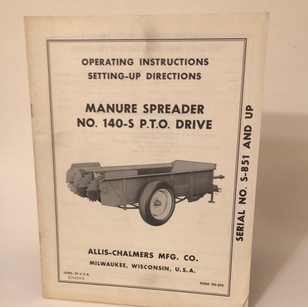 Allis-Chalmers Manure Spreader No 140-S PTO Drive_ Operating Instructions &Setting-Up Directions