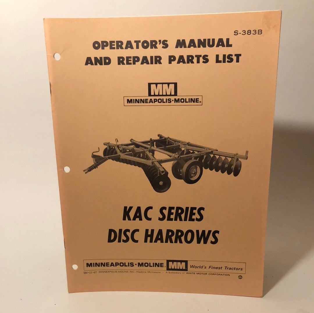 Minneapolis Moline - KAC Series Disc Harrows - Setting Up, Operating Instructions & Repair Parts List
