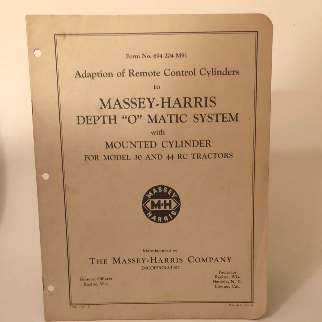 Massey-Harris _ Adaption of Remote Control Cyliders Massey-Harris Depth "O" Matic System w/Mounted Cylinder for model 30 & 44RC Tractors