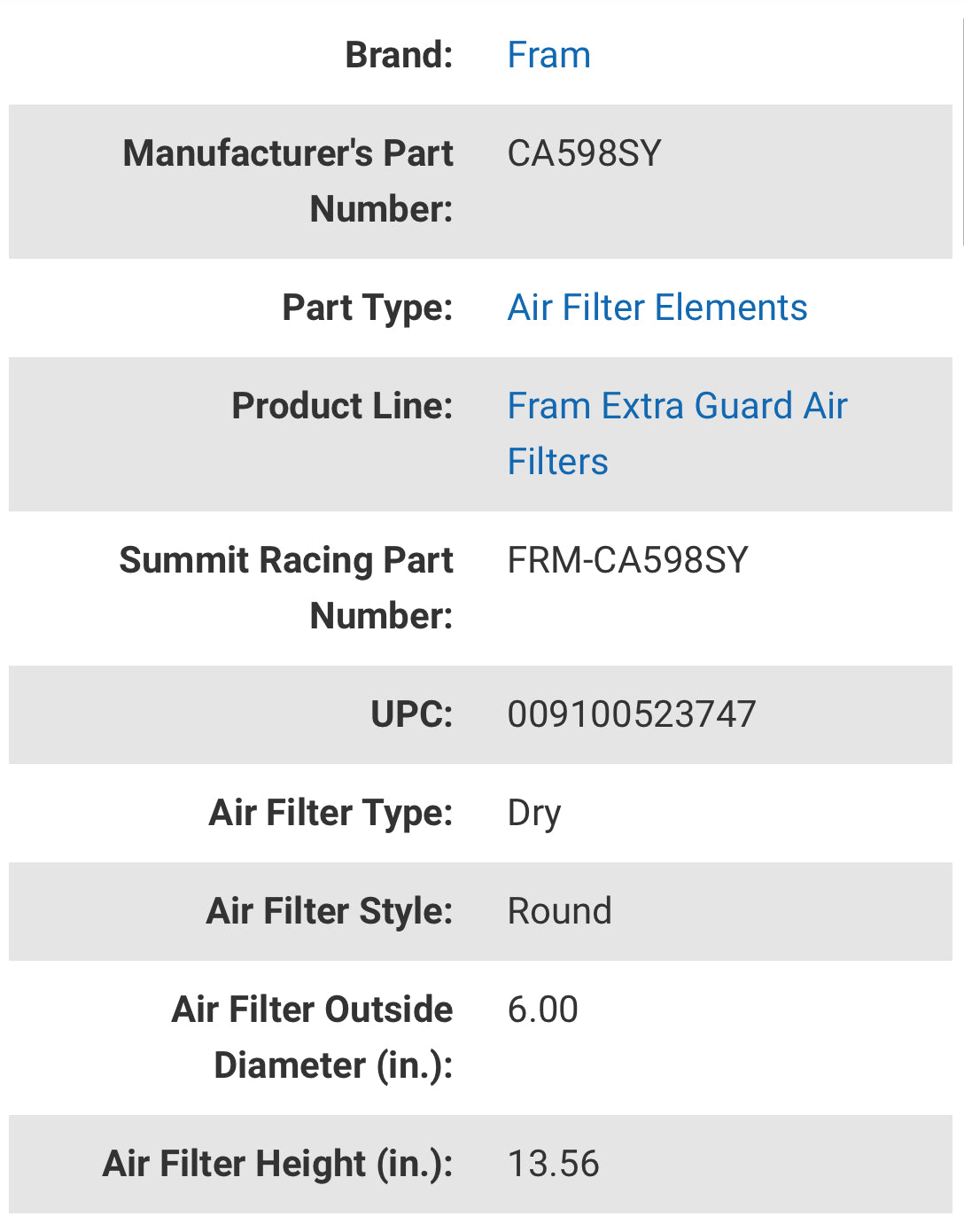 Fram Air Filter - CA598SY