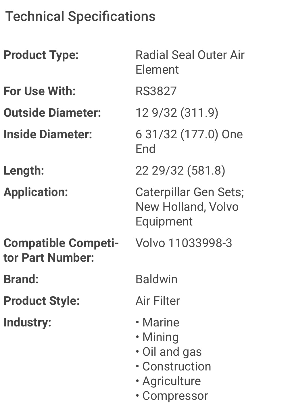 Baldwin air filter RS3826