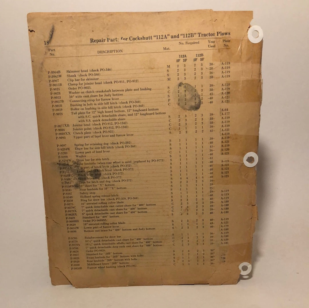 Cockshutt Repair Parts List 112-A & 112-B Tractor Plow