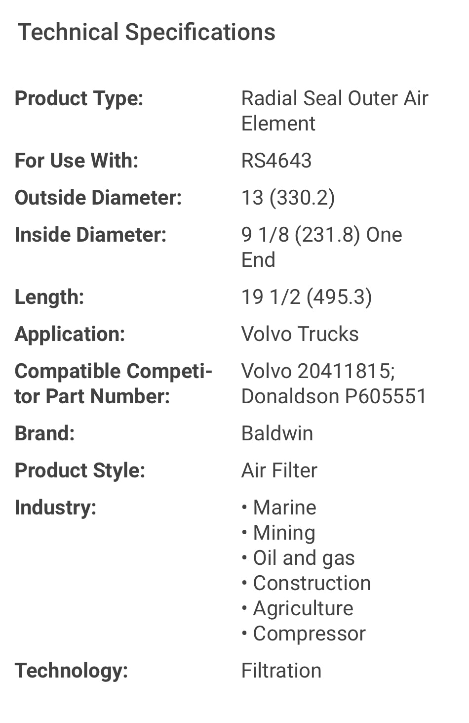 Baldwin RS4642 Outer Air Filter