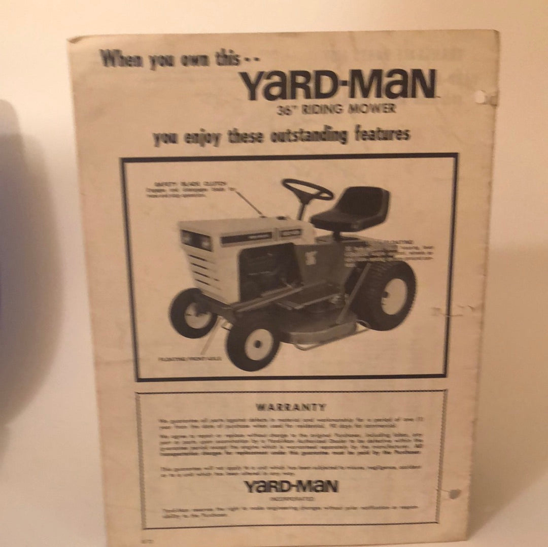 Yard-Man Model 3810-0 36 inch 8hp lawn tractor - Operating Manual & Parts list