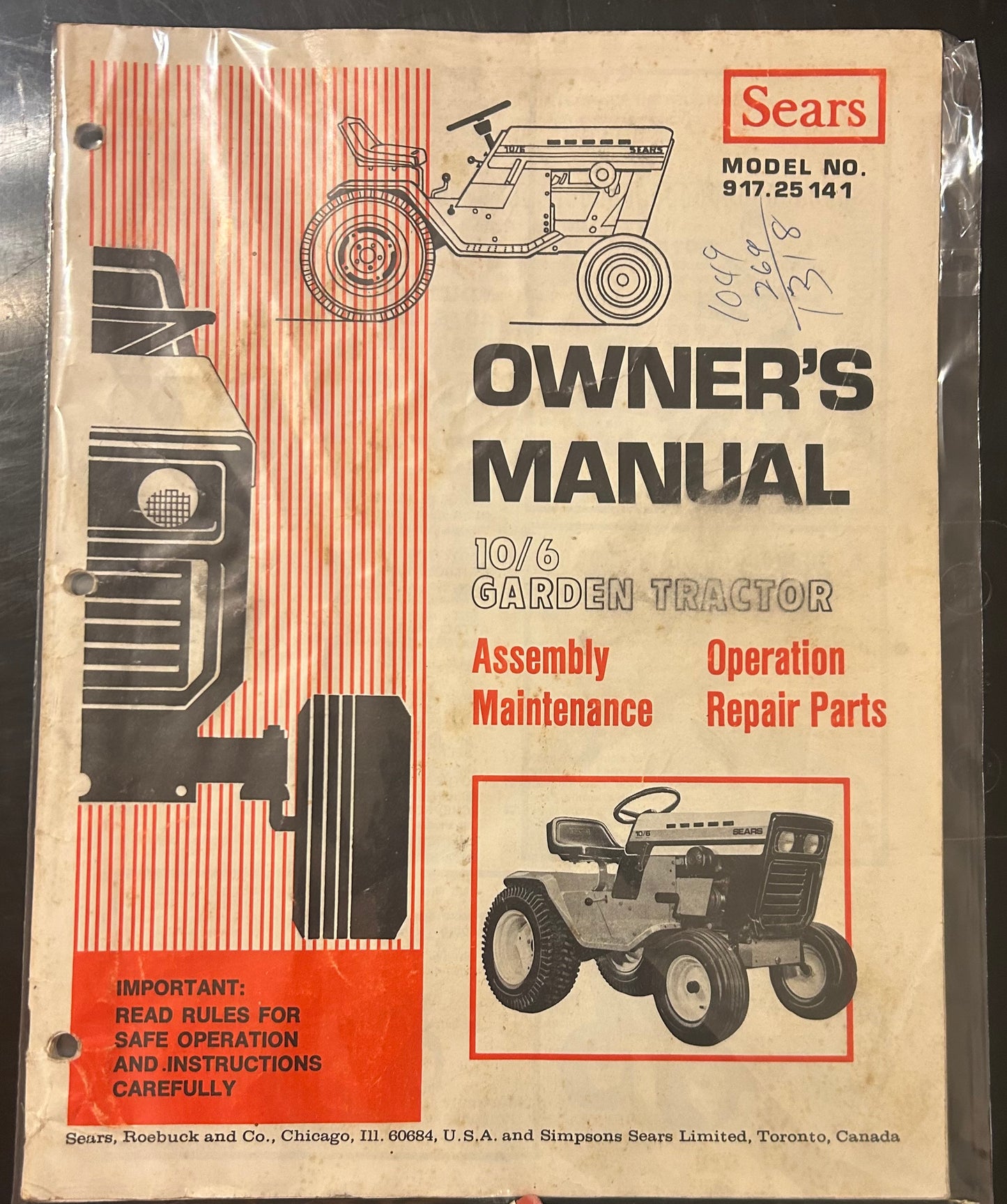Sears _ 10/6 Garden Tractor model 917.25.141 _ Manual