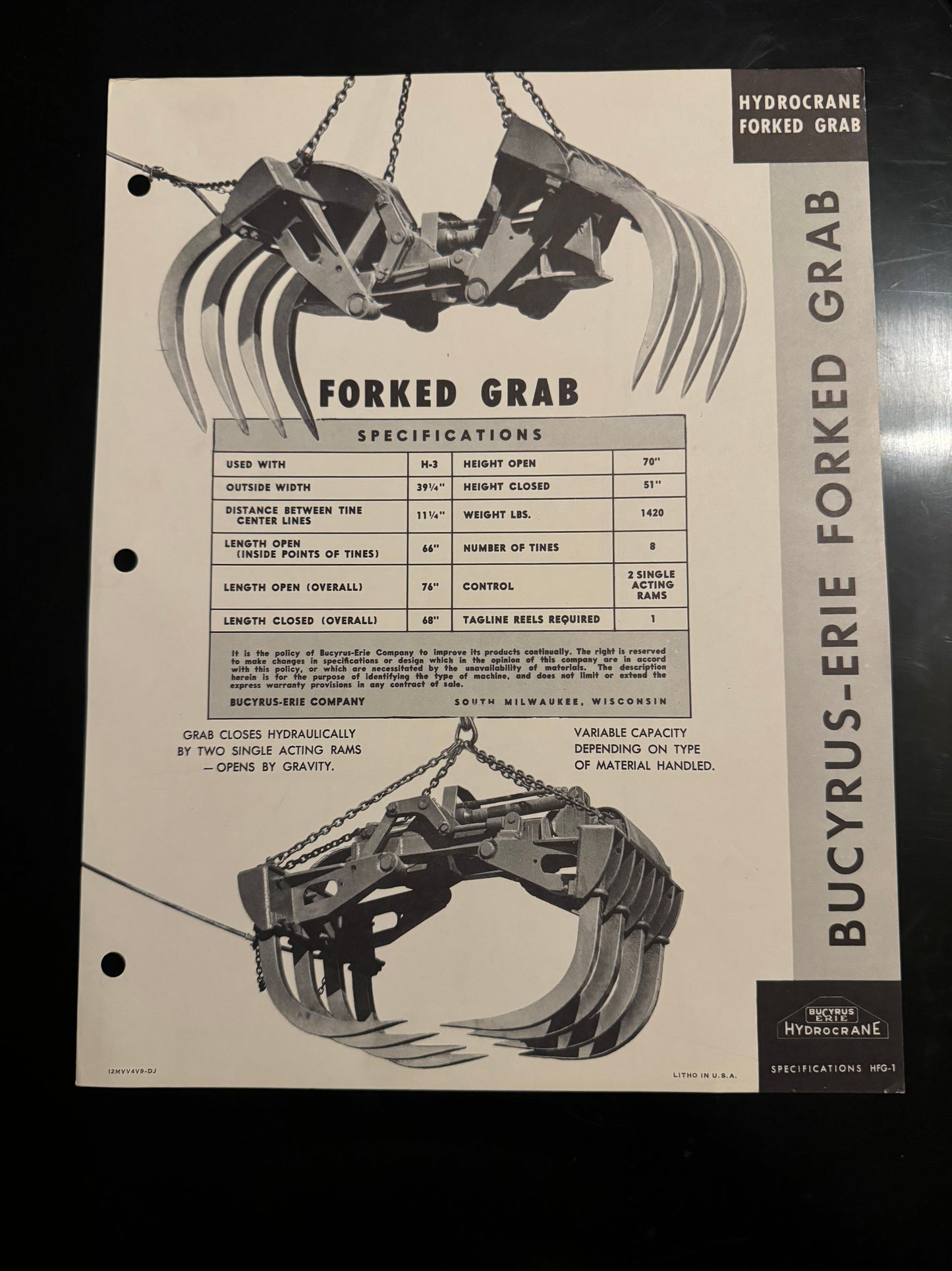 Bucyrus-Erie _ Hydrocrane Forked Grab Specs