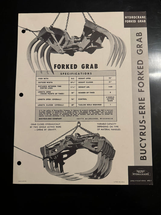 Bucyrus-Erie _ Hydrocrane Forked Grab Specs