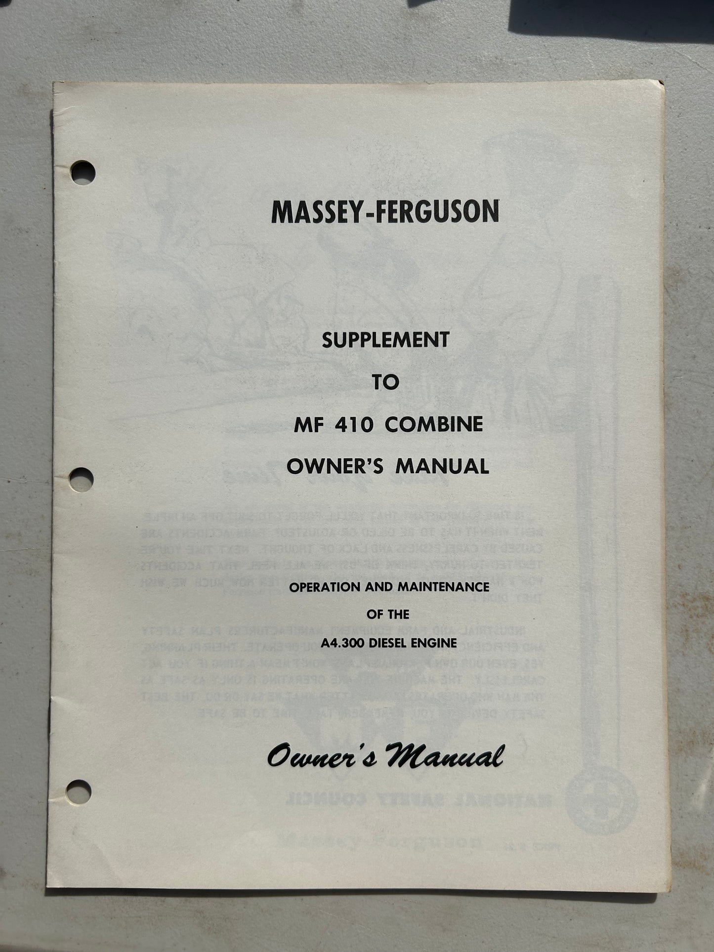 Massey Ferguson Supplement to MF 410 Combine _ Owner’s Manual