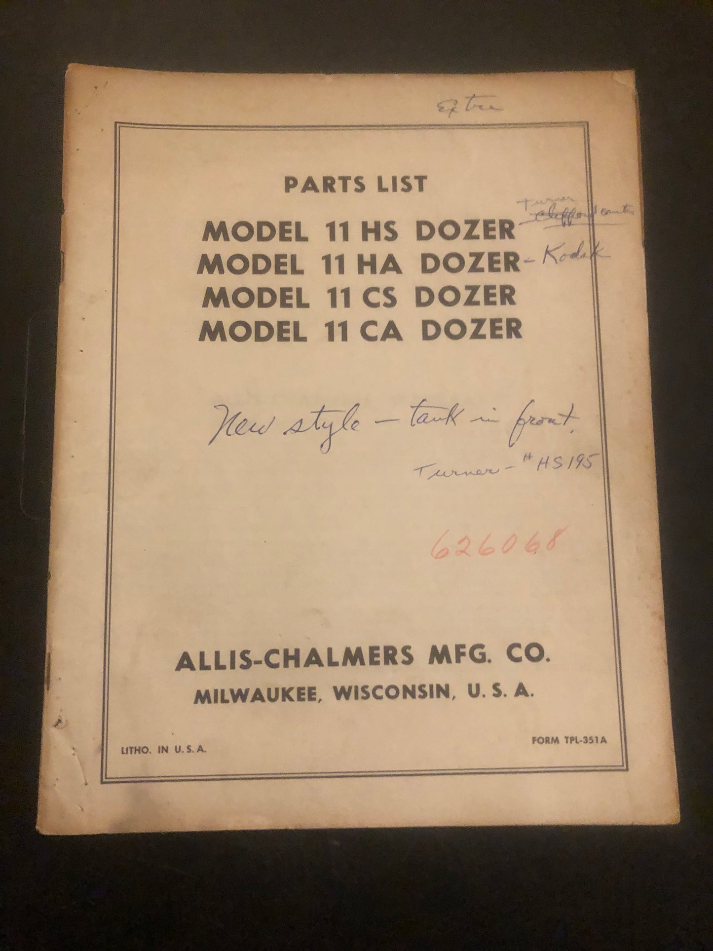 Allis-Chalmers _ Model 11 HS, 11 HA, 11 CS, 11 CA Dozers _ Parts List