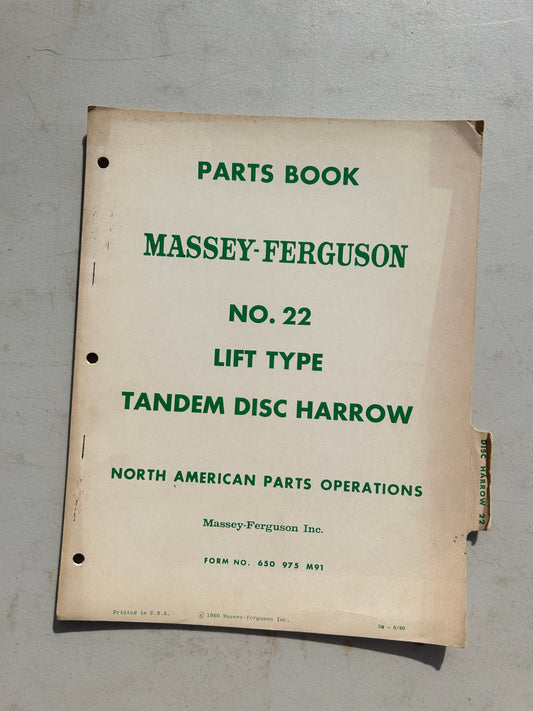 Massey Ferguson No 22 Lift Type Tandem Disk Harrow _ Parts Book