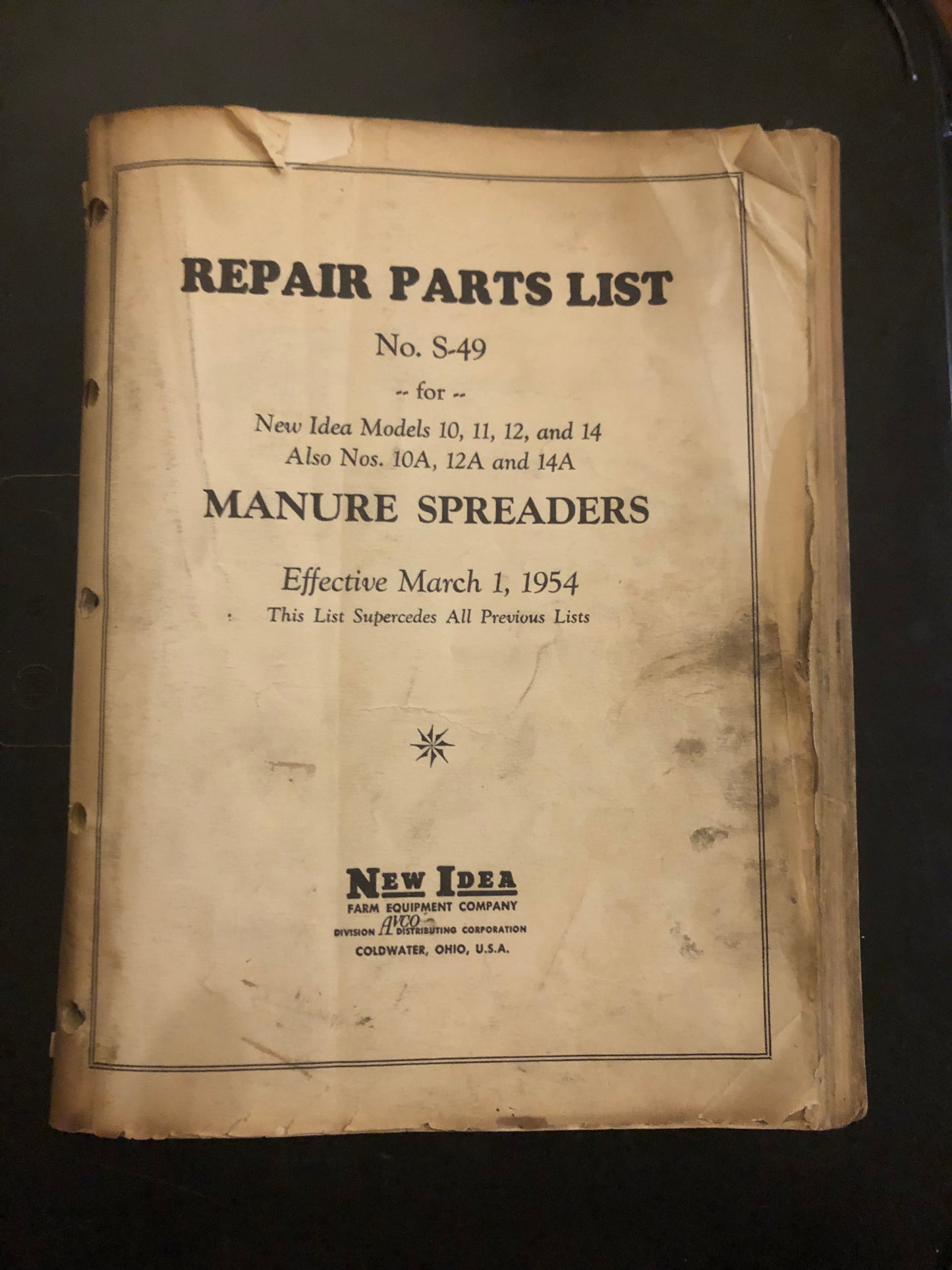 New Idea _ Manure Spreaders models 10, 10A, 11, 12, 12A, 14 & 14A _ Repair Parts List