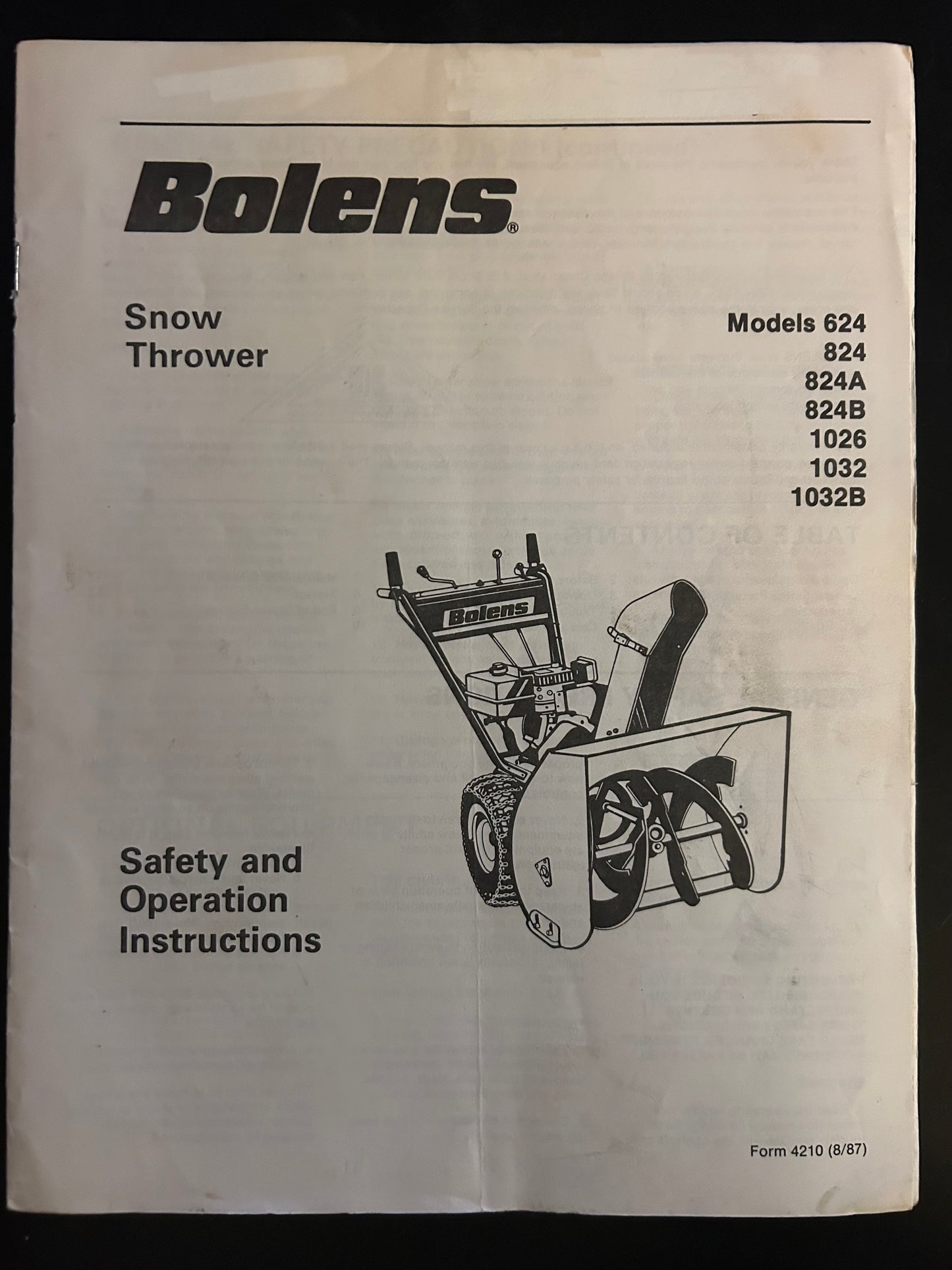 Bolens _ Snow Thrower model 624, 823, 824A, 1026 & 1032 _ Safety & Operation Instructions