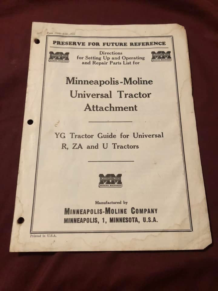 Minneapolis-Moline _ YG Tractor Guide for Universal R, ZA & U Tractors _ Directions for Setting Up and Operating & Repair Parts List